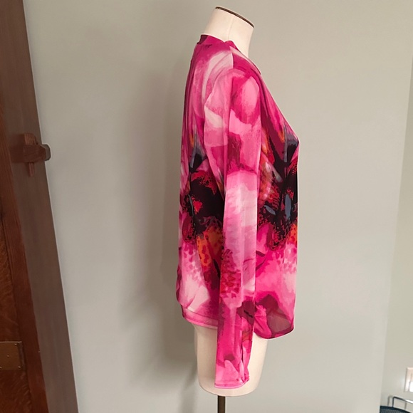 NWOT INC Floral Pink Long Sleeve Semi Sheer Mesh Women's Top sz Large - Picture 2 of 5